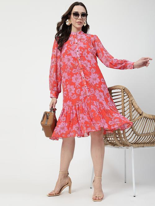 women red floral printed long sleeve tiered dress - 21737305 - Standard Image - 0