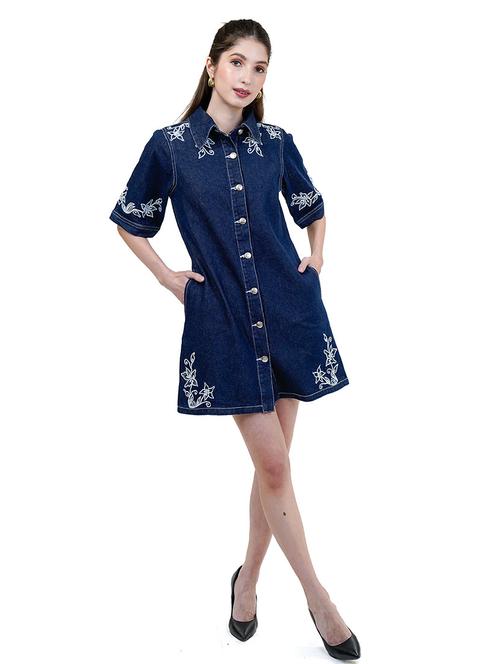 women navy blue embroidered elbow sleeve a-line dress - 21737306 - Standard Image - 0