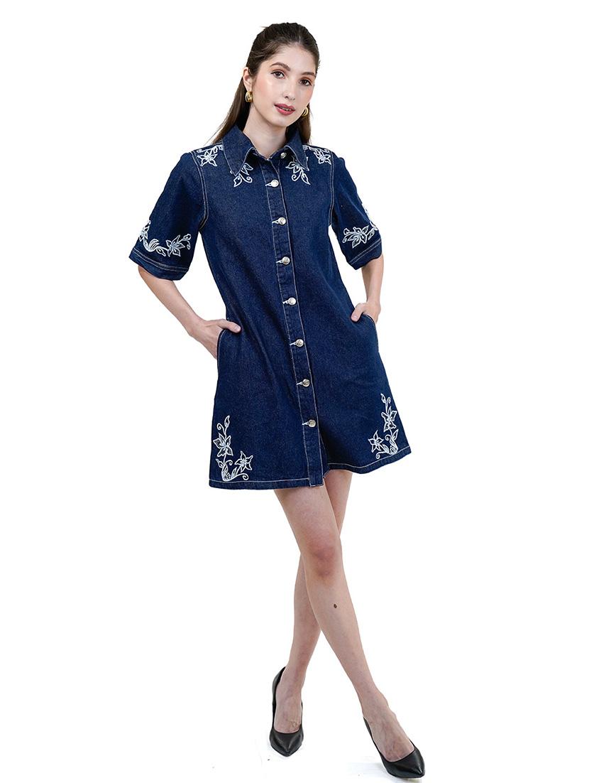 women navy blue embroidered elbow sleeve a-line dress - 21737306 - Zoom Image - 0