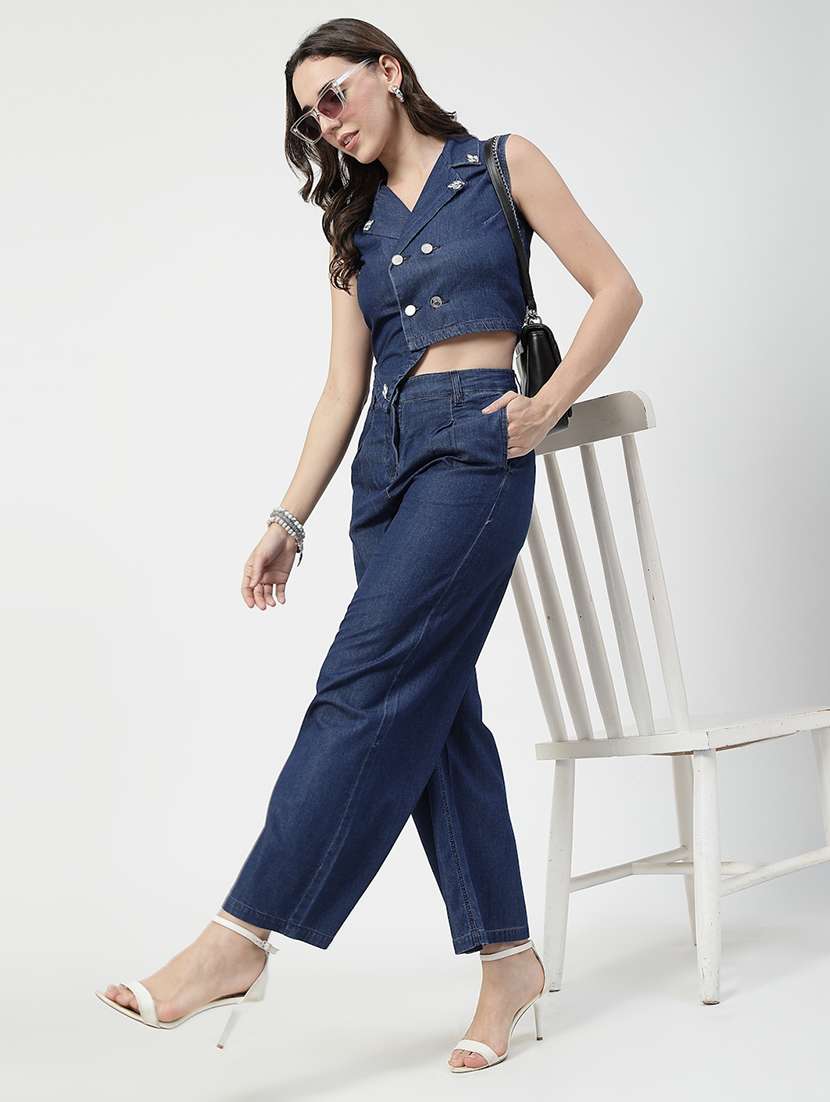 women blue solid top and trouser co-ord set