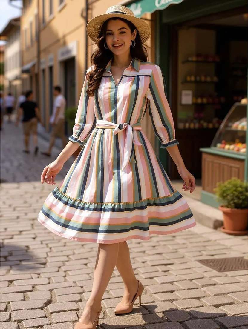 women striped tiered dress