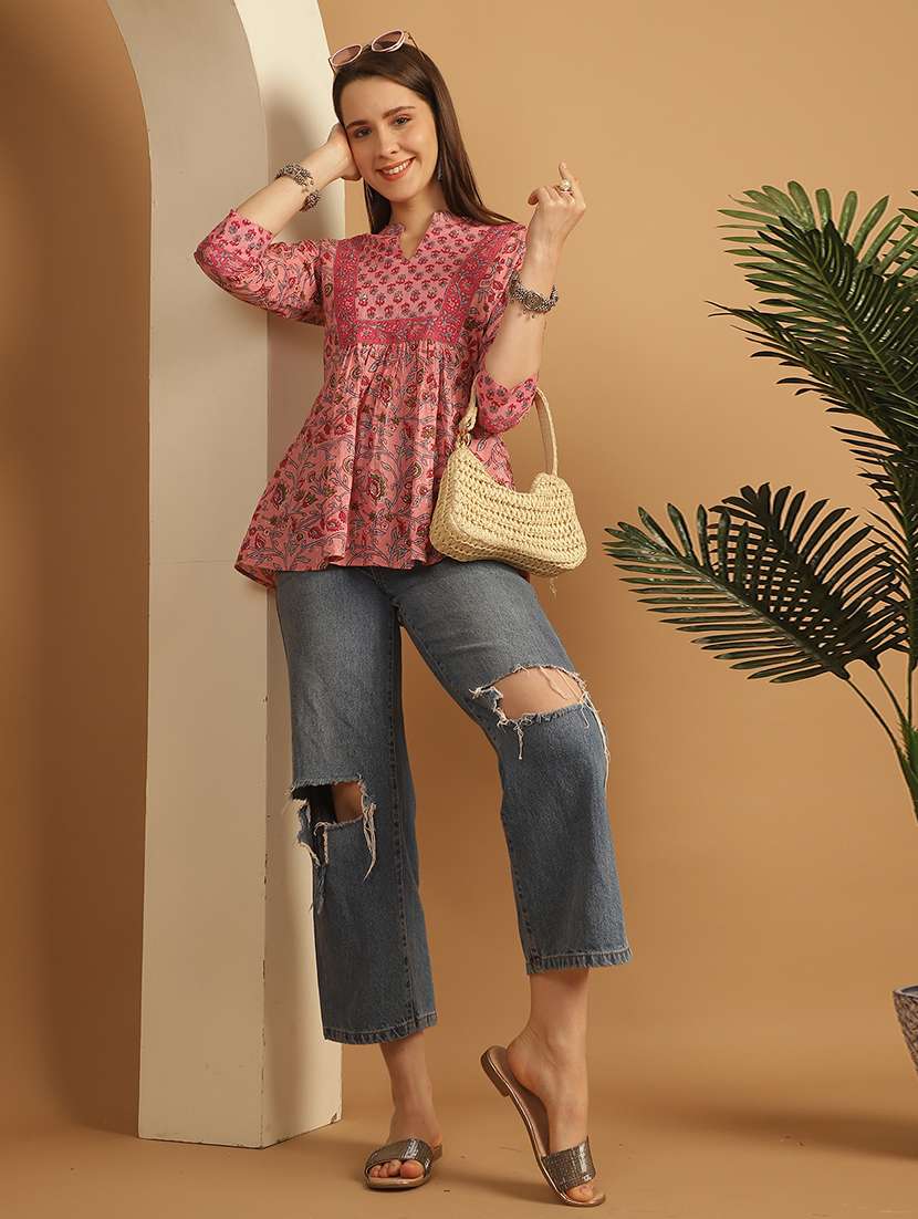 women floral printed three quarter sleeve a-line top - 21737371 -  Standard Image - 4