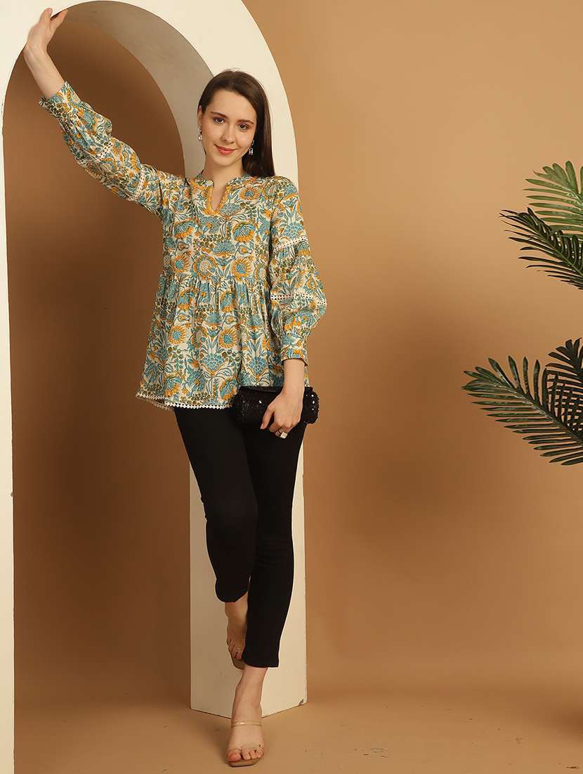 women floral printed mandarin neck a-line top - 21737390 -  Standard Image - 4