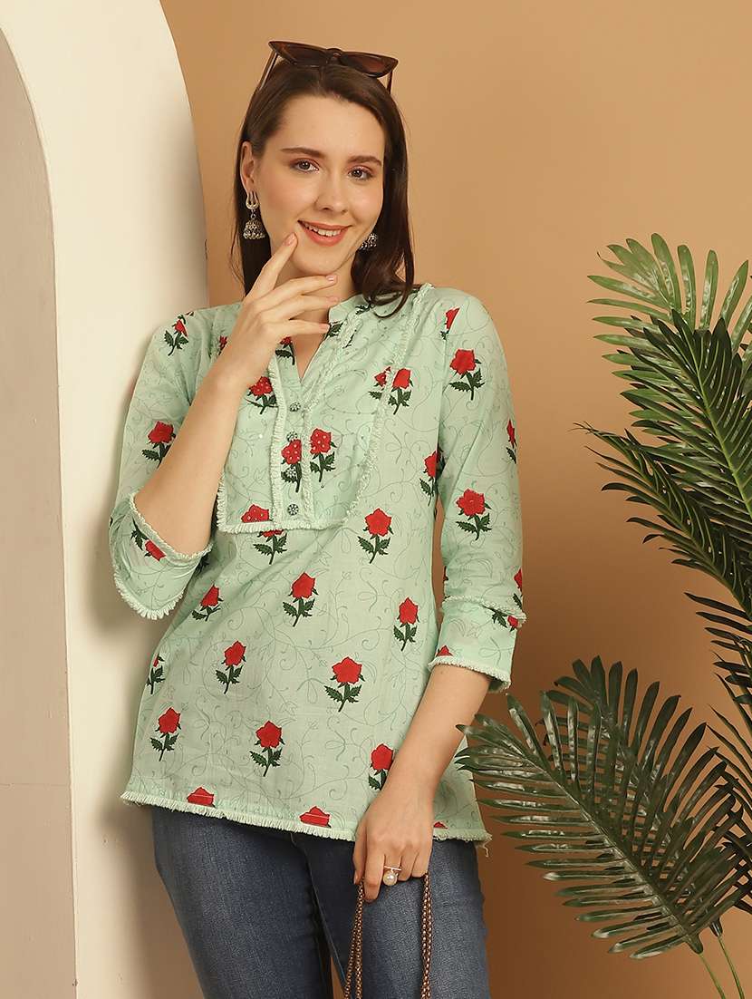 women three quarter sleeve a-line ethnic top - 21737395 -  Standard Image - 1