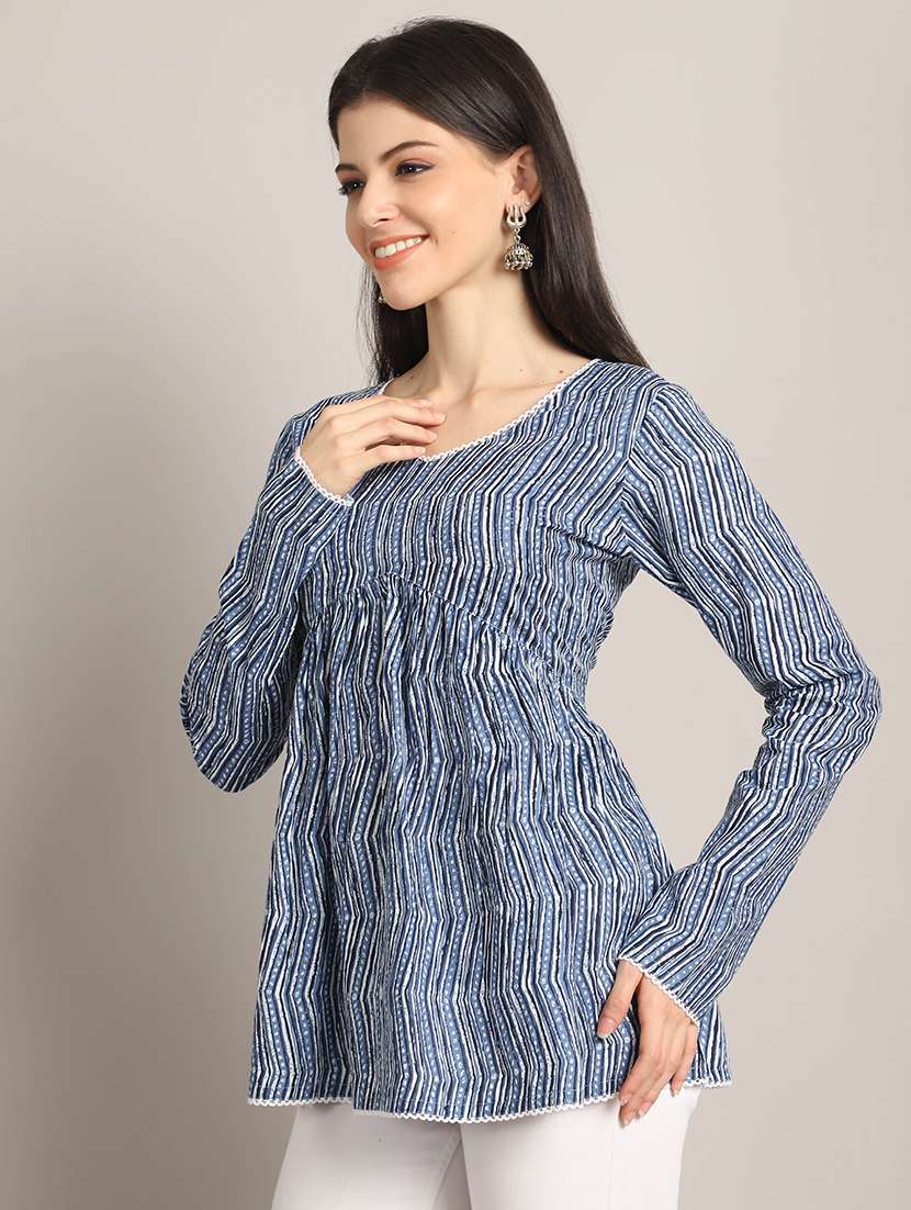 women blue printed v neck a-line top - 21737398 -  Standard Image - 1