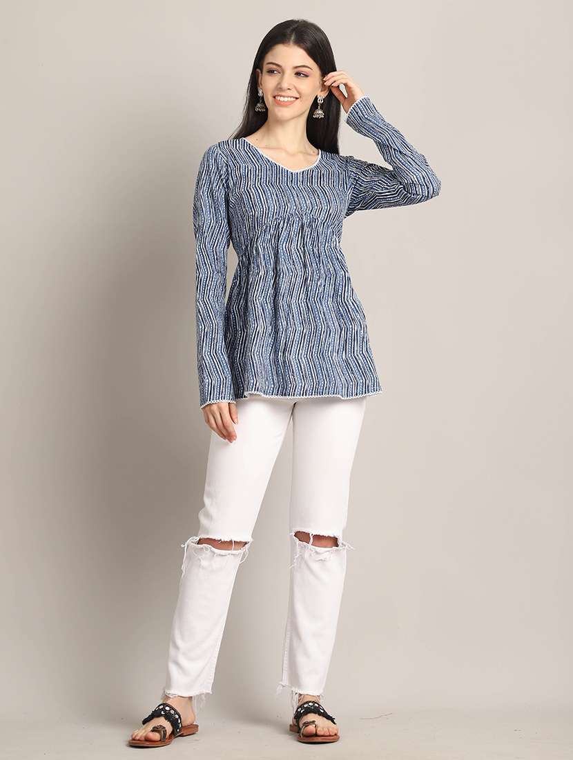 women blue printed v neck a-line top - 21737398 -  Standard Image - 4