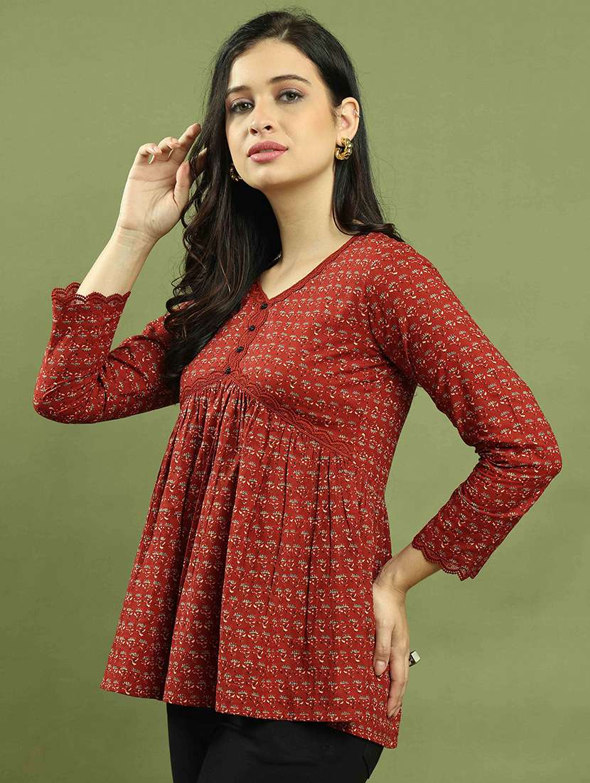 women three quarter sleeve flared ethnic top - 21737399 -  Standard Image - 1