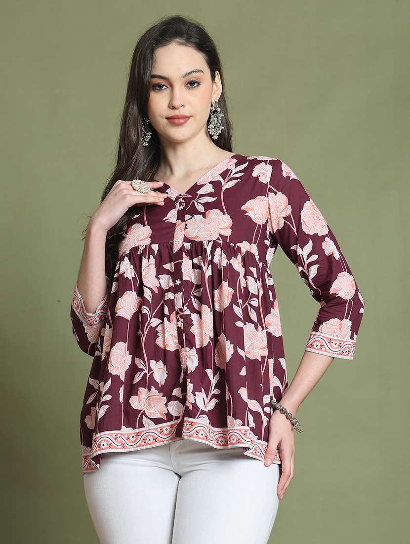 women floral printed v neck a-line top