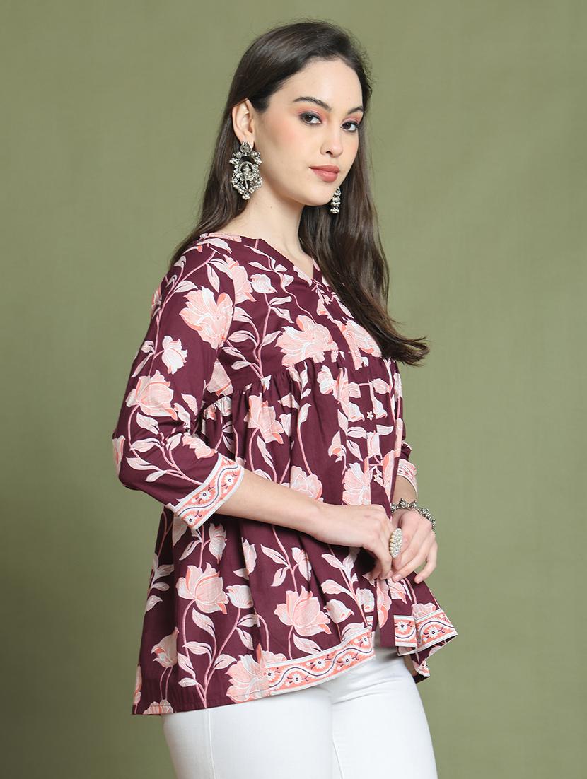 women floral printed v neck a-line top - 21737412 - Standard Image - 1