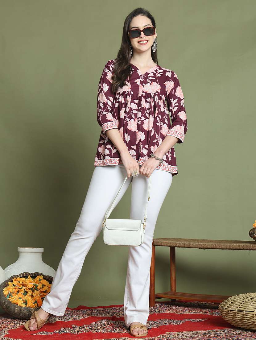 women floral printed v neck a-line top - 21737412 - Standard Image - 4
