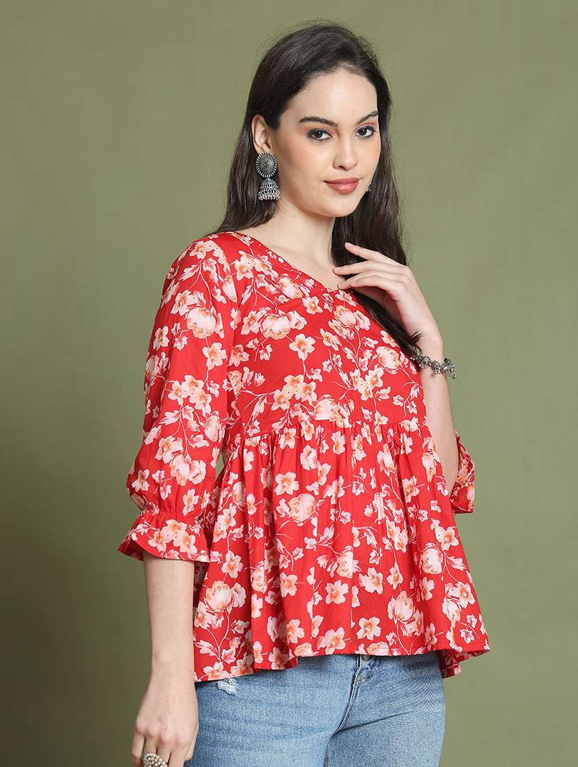 women three quarter sleeve flared ethnic top - 21737414 -  Standard Image - 1