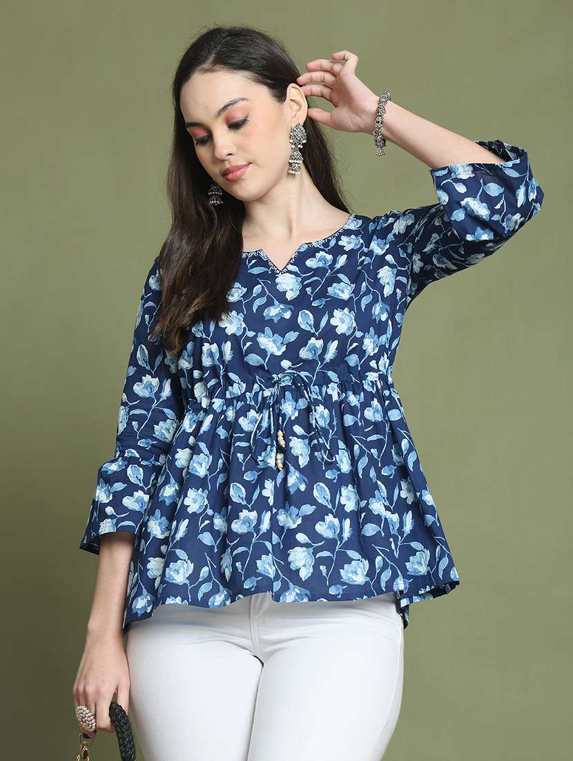 women floral printed notch neck flared top  - 21737416 -  Standard Image - 1