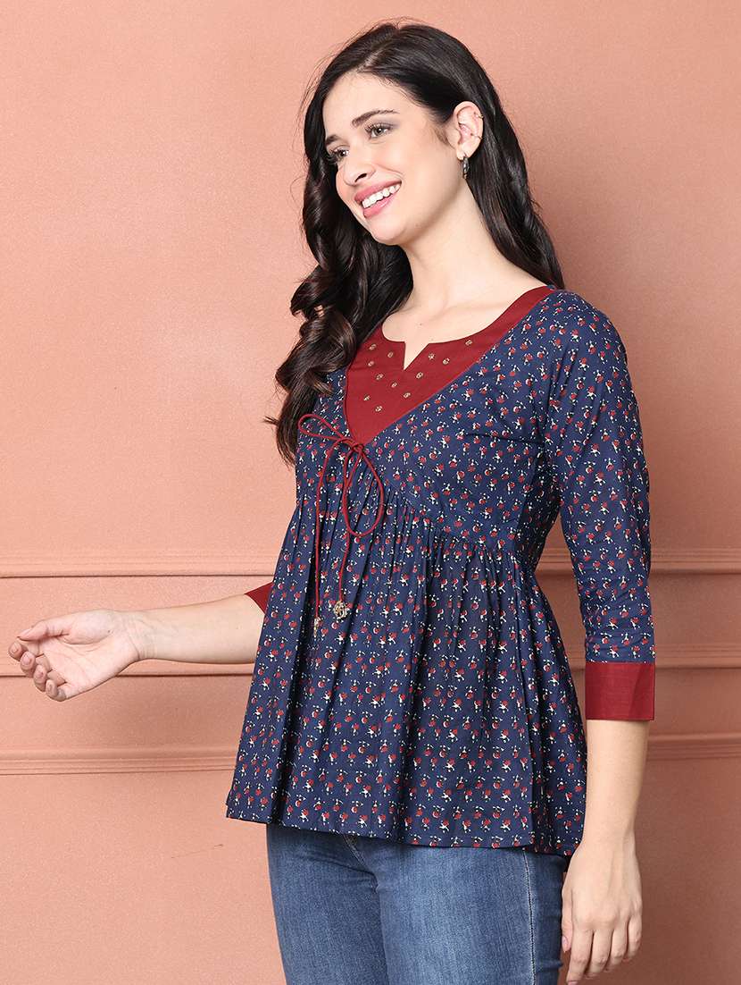 women floral printed notch neck flared top  - 21737422 -  Standard Image - 1