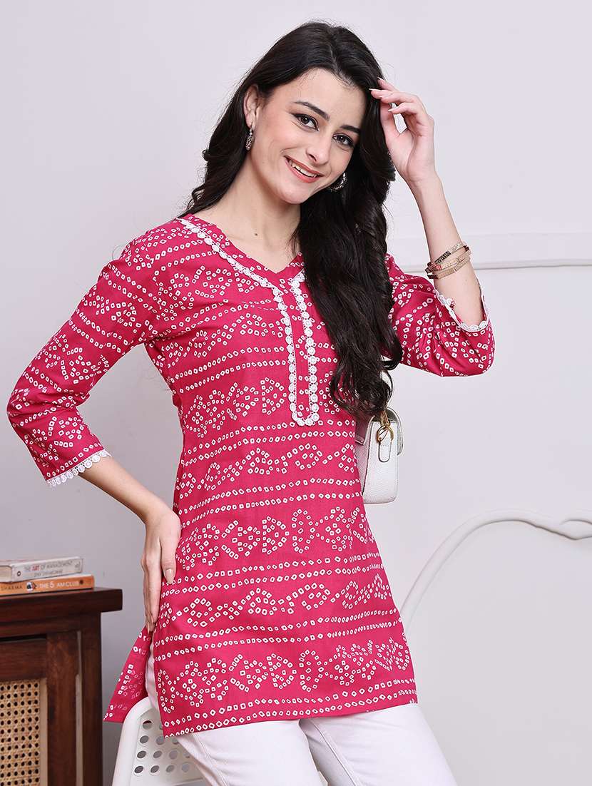 women bandhani printed v neck straight kurti - 21737456 -  Standard Image - 1
