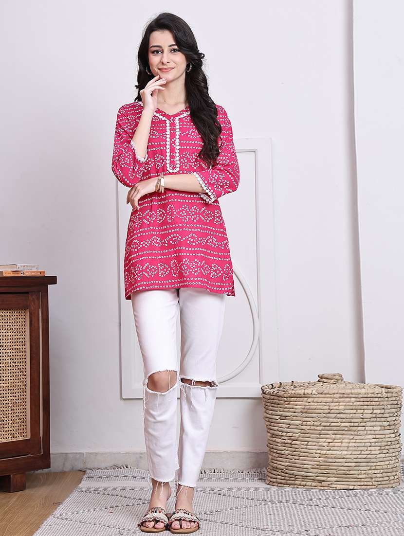 women bandhani printed v neck straight kurti - 21737456 -  Standard Image - 4