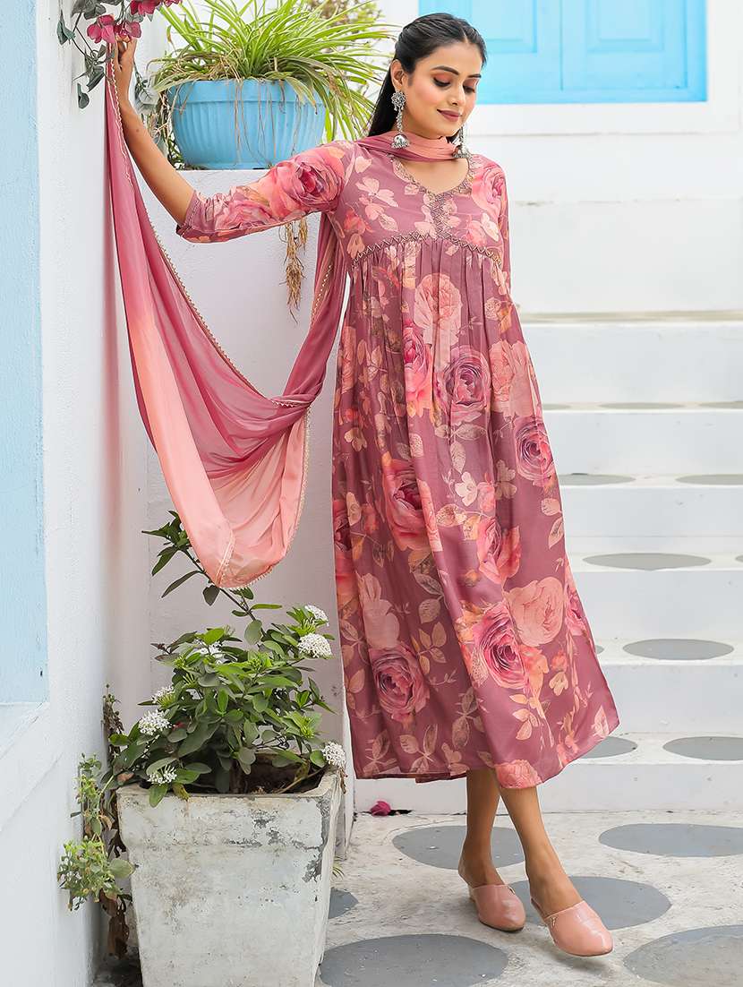 women floral printed flared dress with dupatta