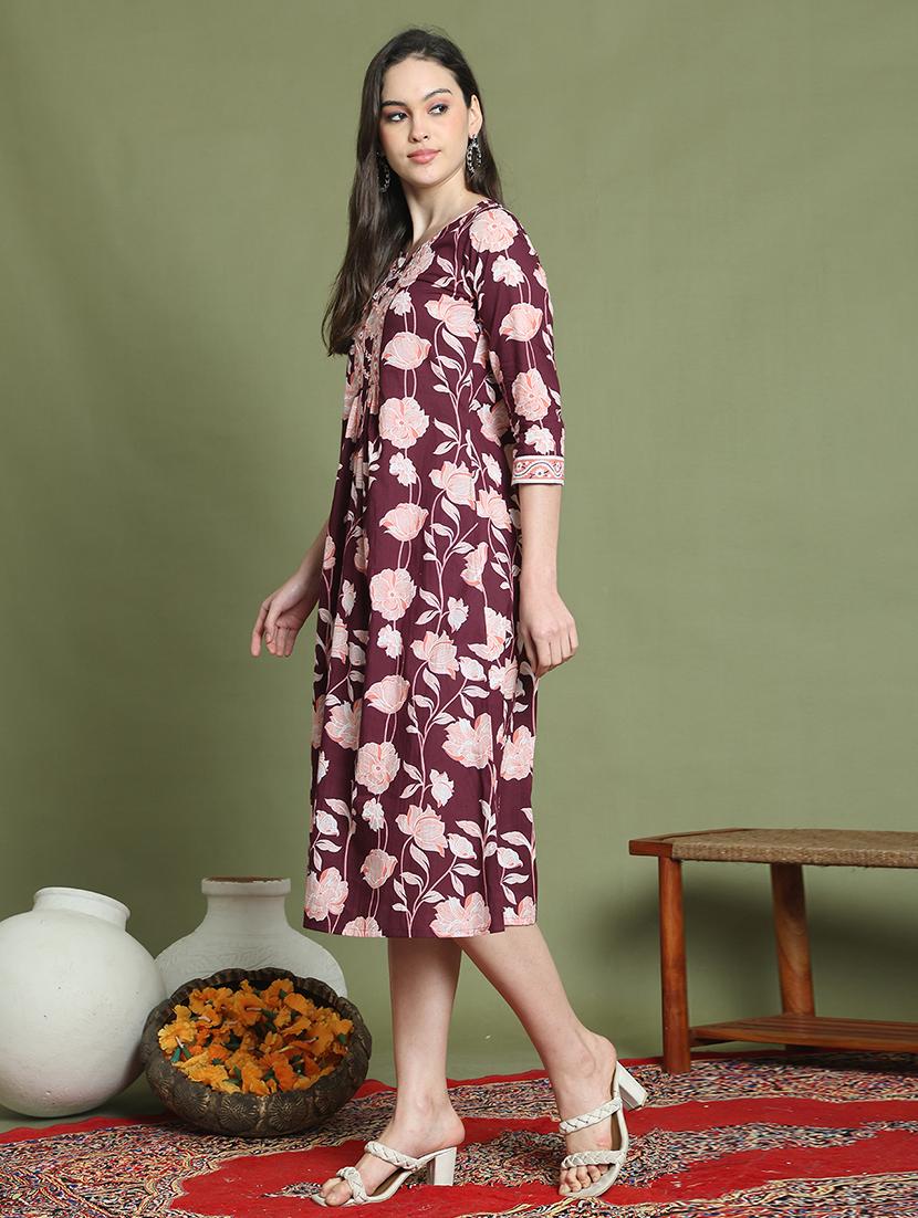 women three quarter sleeve a-line ethnic dress - 21737542 -  Standard Image - 1