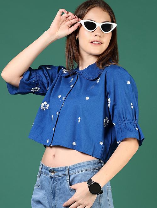 women blue embroidered puff sleeve crop top - 21737829 - Standard Image - 0