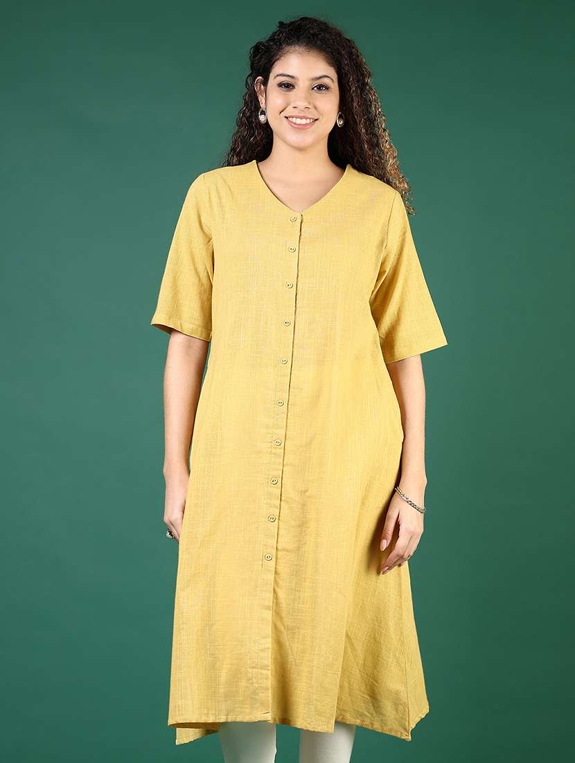 women yellow solid short sleeve a-line kurta