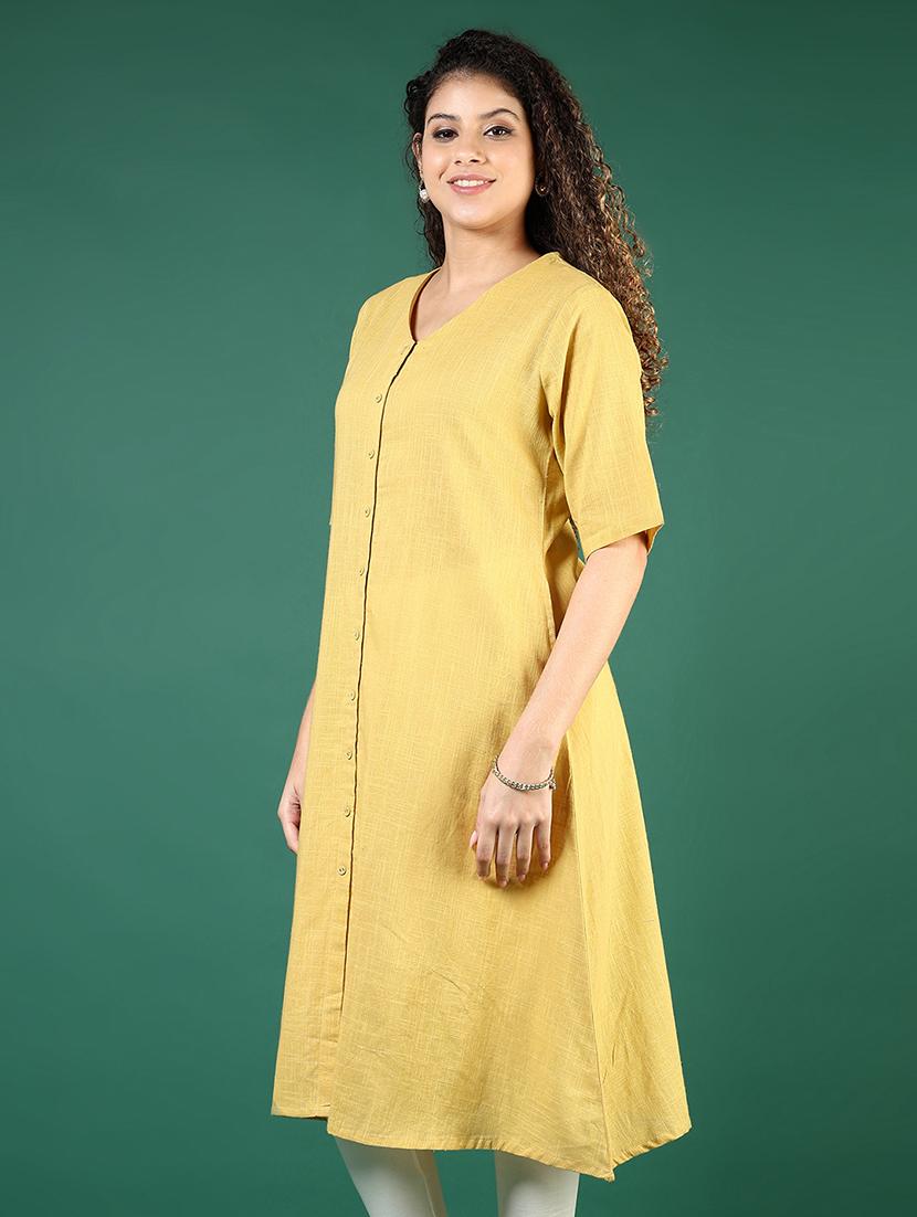 women yellow solid short sleeve a-line kurta - 21737834 - Standard Image - 1