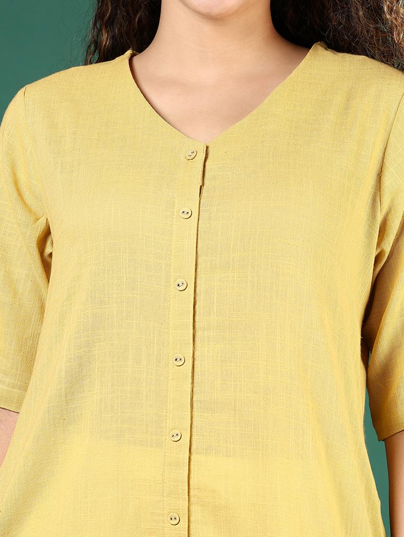 women yellow solid short sleeve a-line kurta - 21737834 - Standard Image - 4
