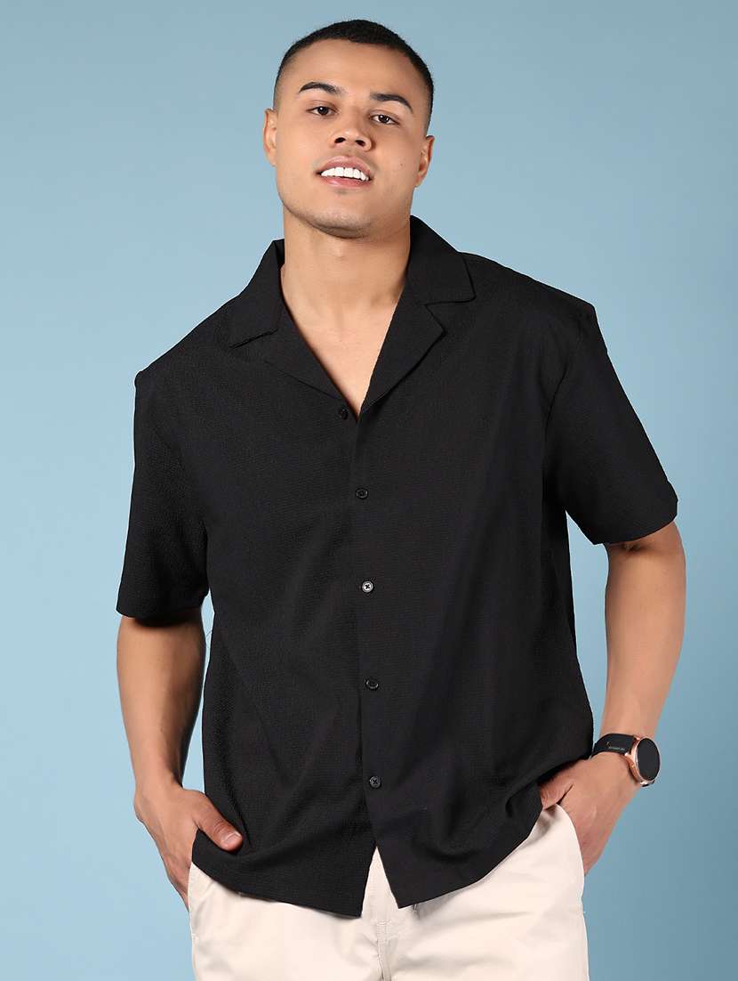 men black solid short sleeve loose fit casual shirt - 21737849 -  Standard Image - 1