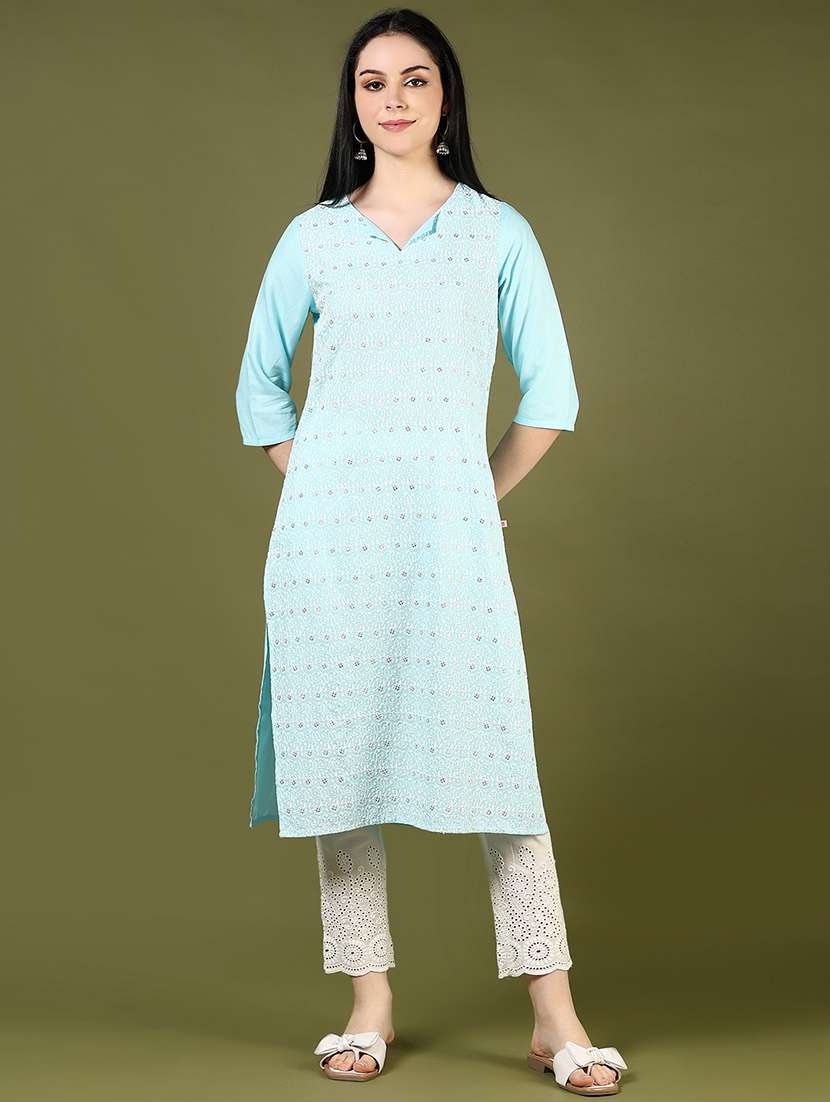 women embroidered three quarter sleeve straight kurta - 21737850 - Zoom Image - 0