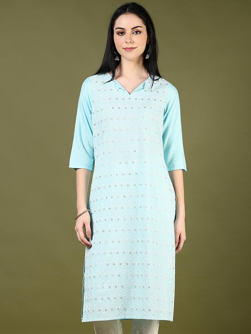 women embroidered three quarter sleeve straight kurta - 21737850 - Standard Image - 1