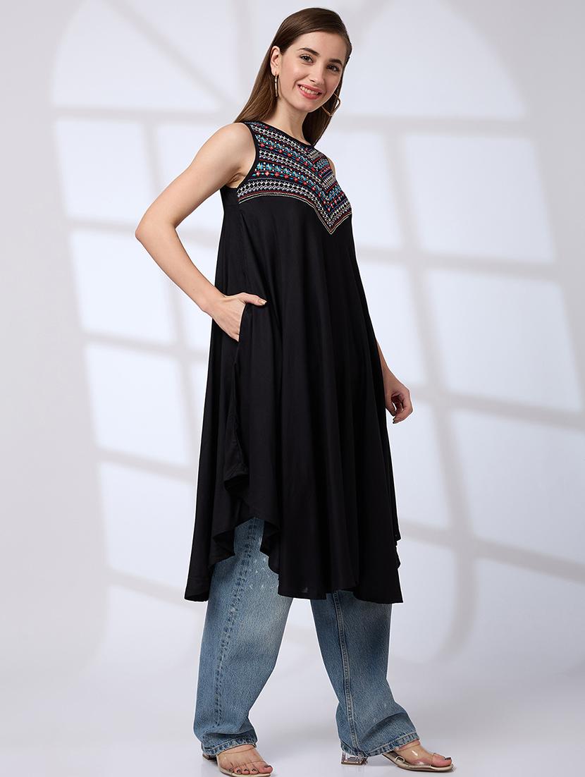 globus women black embroidered yoke asymmetric hem a-line fusion kurta - 21738555 -  Standard Image - 1