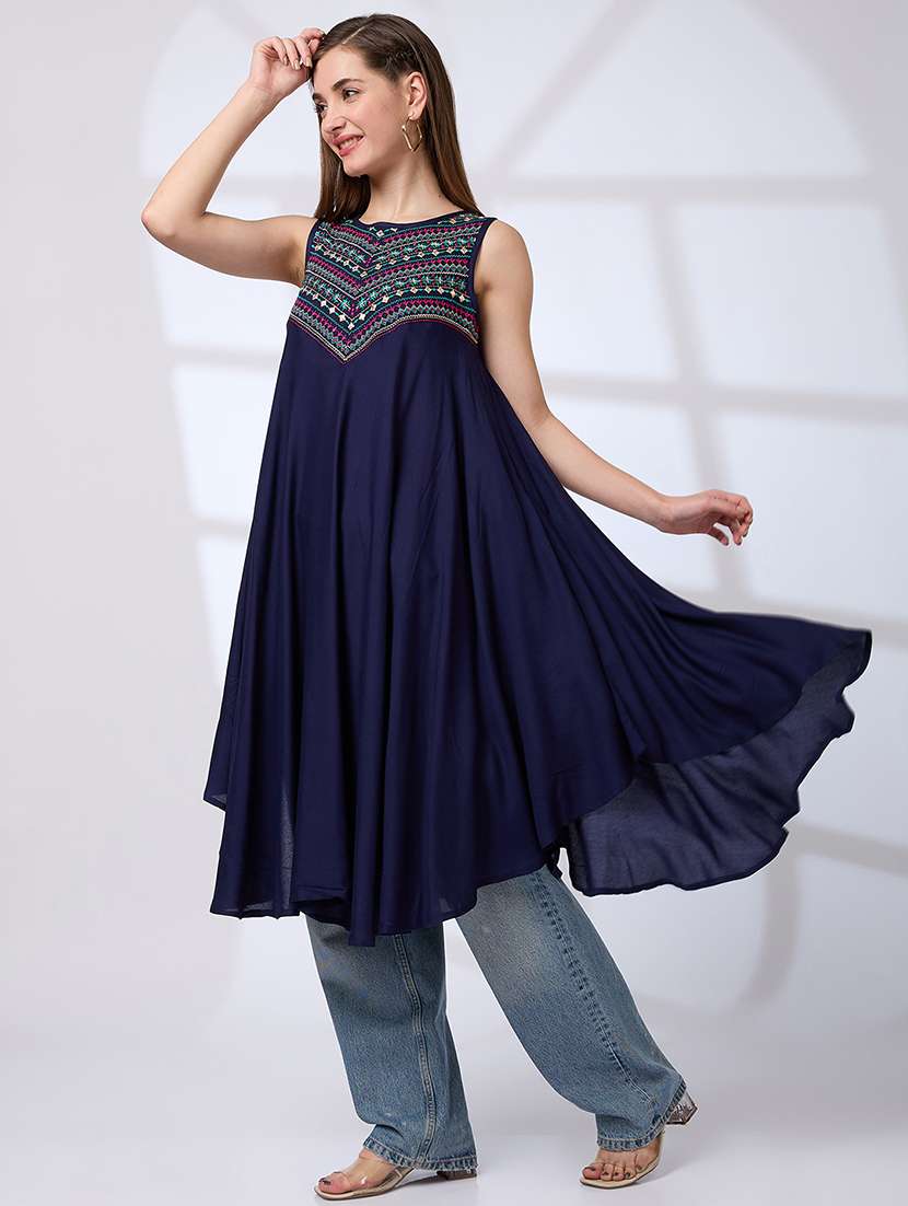 globus women blue embroidered yoke asymmetric hem a-line fusion kurta - 21738556 -  Standard Image - 1