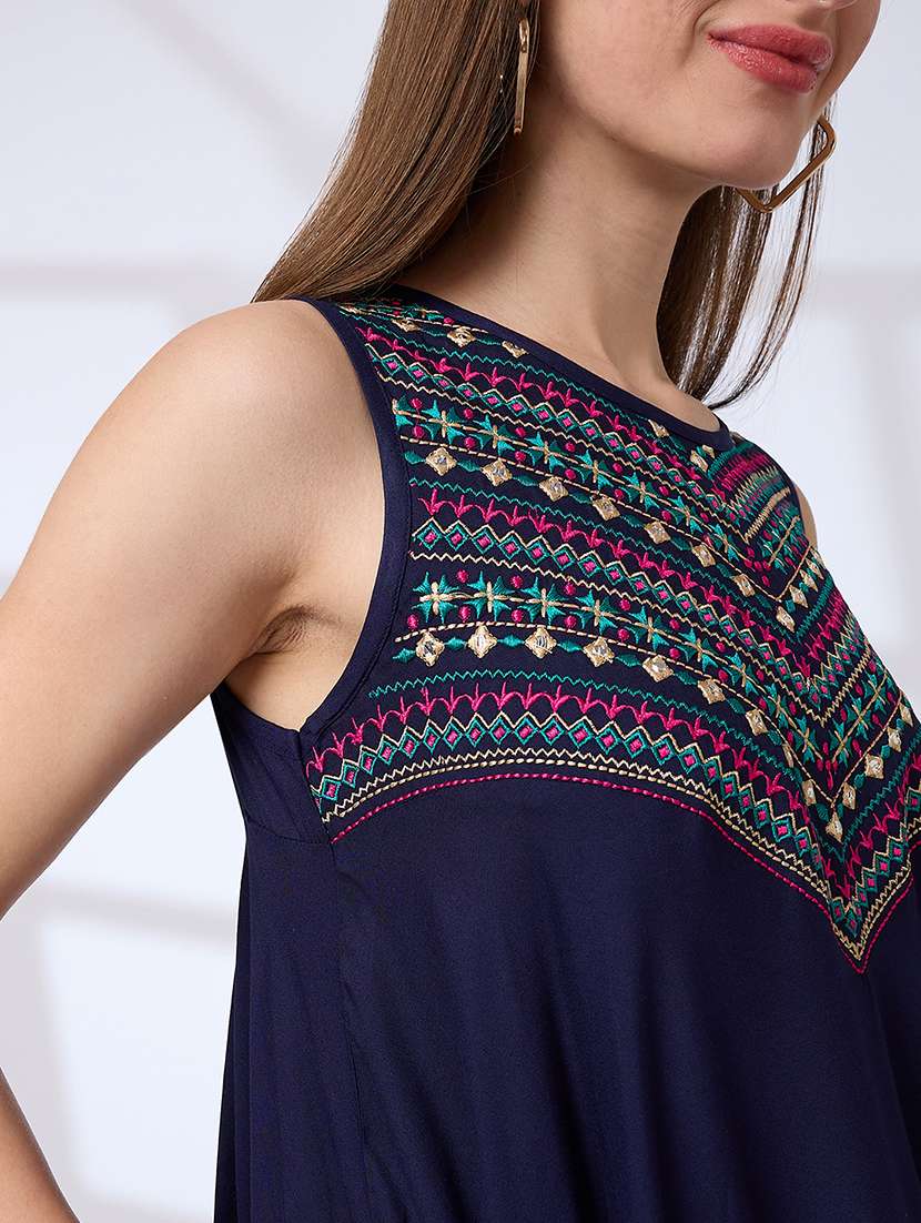 globus women blue embroidered yoke asymmetric hem a-line fusion kurta - 21738556 -  Standard Image - 4