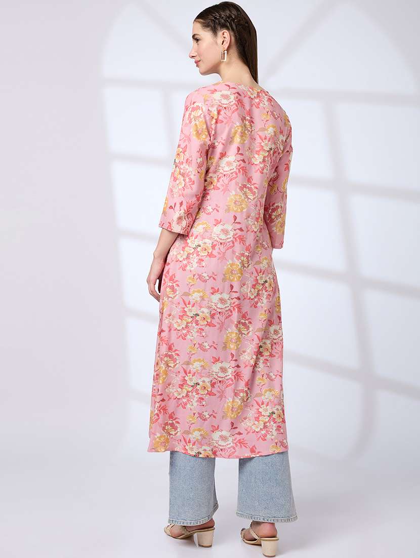 globus women pink v-neck floral print pleated front slit a-line workwear kurta - 21738557 -  Standard Image - 1