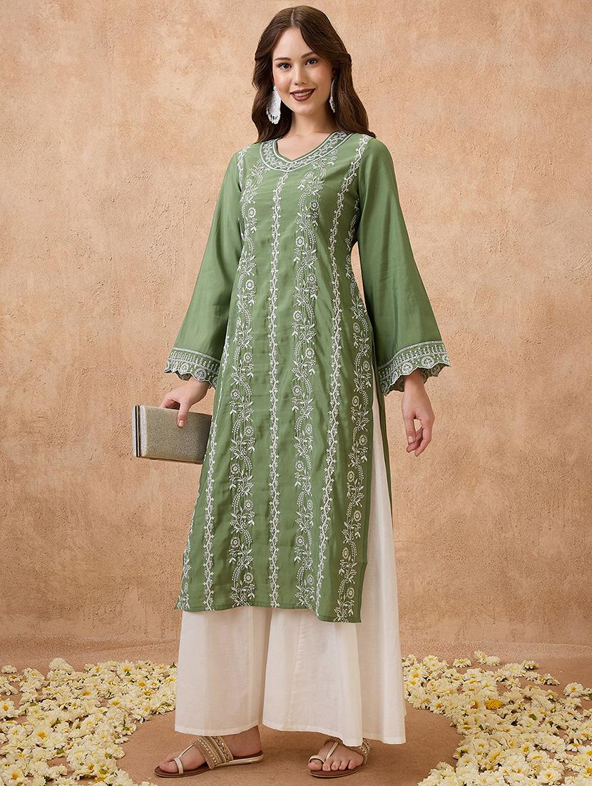 globus women green floral embroidered v-neck scalloped bell sleeves straight festive kurta - 21738561 - Zoom Image - 0