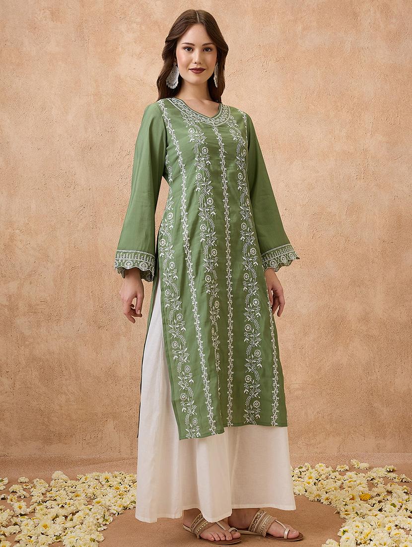 globus women green floral embroidered v-neck scalloped bell sleeves straight festive kurta - 21738561 - Standard Image - 1
