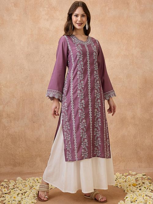 globus women pink floral embroidered v-neck scalloped bell sleeves straight festive kurta - 21738562 -  Standard Image - 0