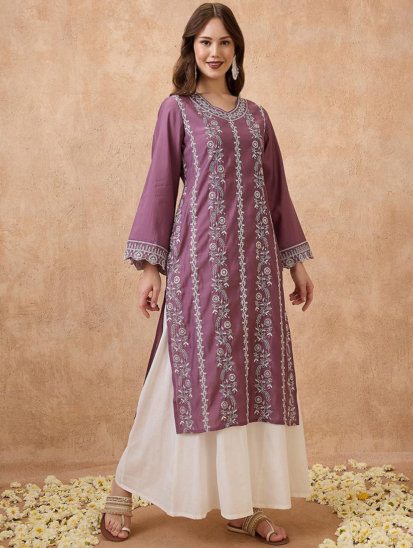 globus women pink floral embroidered v-neck scalloped bell sleeves straight festive kurta - 21738562 -  Zoom Image - 0