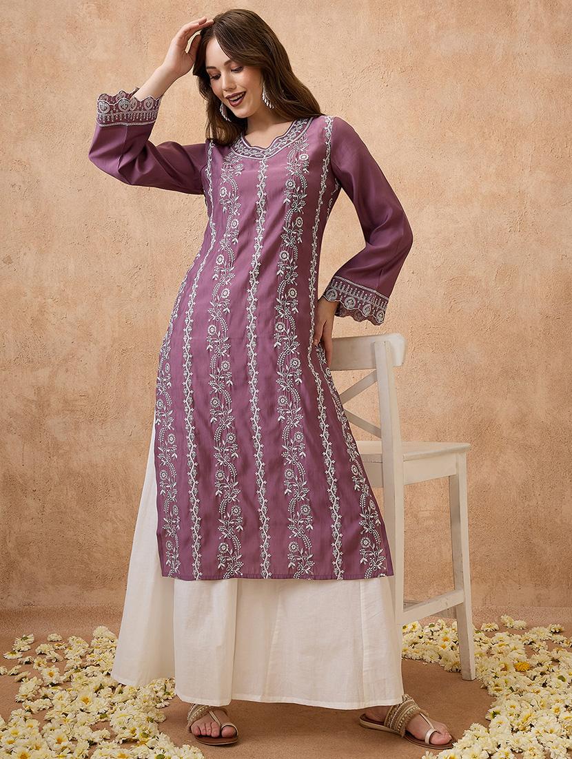 globus women pink floral embroidered v-neck scalloped bell sleeves straight festive kurta - 21738562 - Standard Image - 1