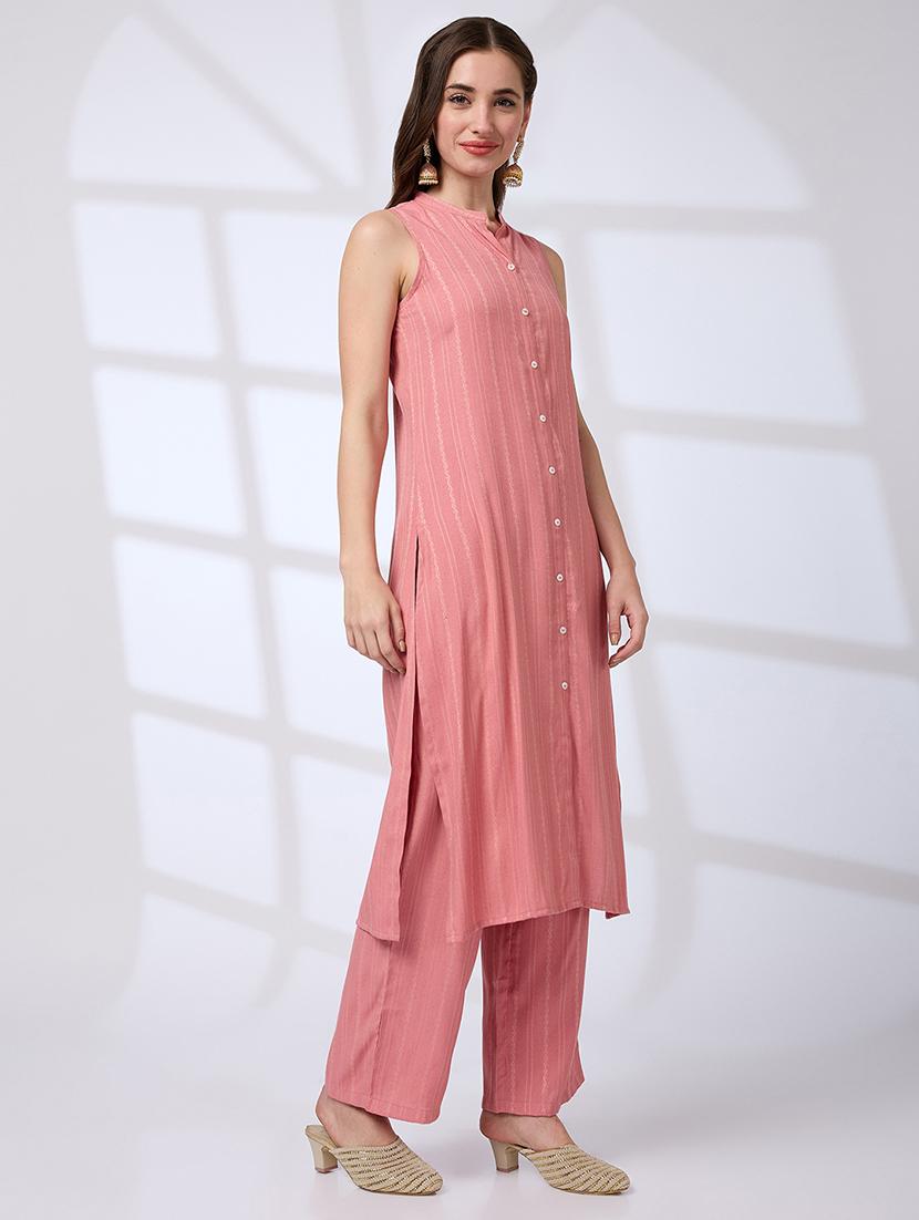 globus women pink mandarin collar woven design front slit a-line kurta with pants workwear set - 21738563 - Standard Image - 1
