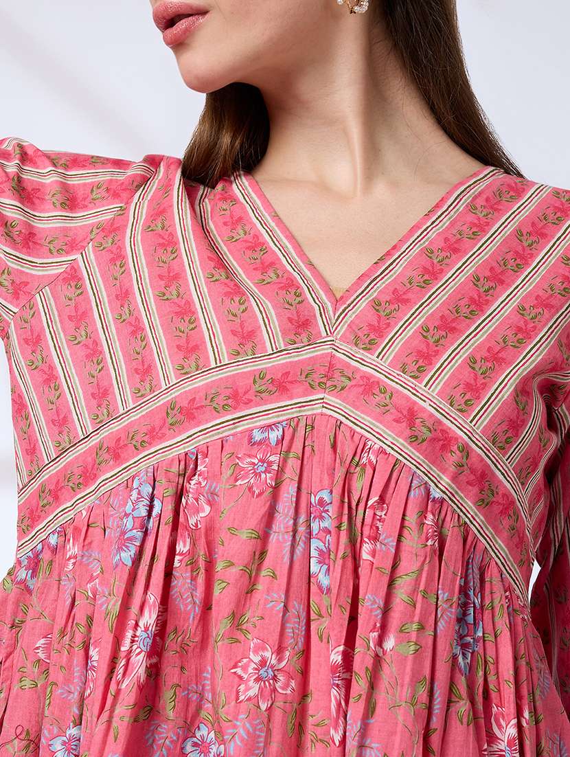 globus women pink v-neck floral print pleated alia cut a-line kurta with pants workwear set - 21738567 -  Standard Image - 4