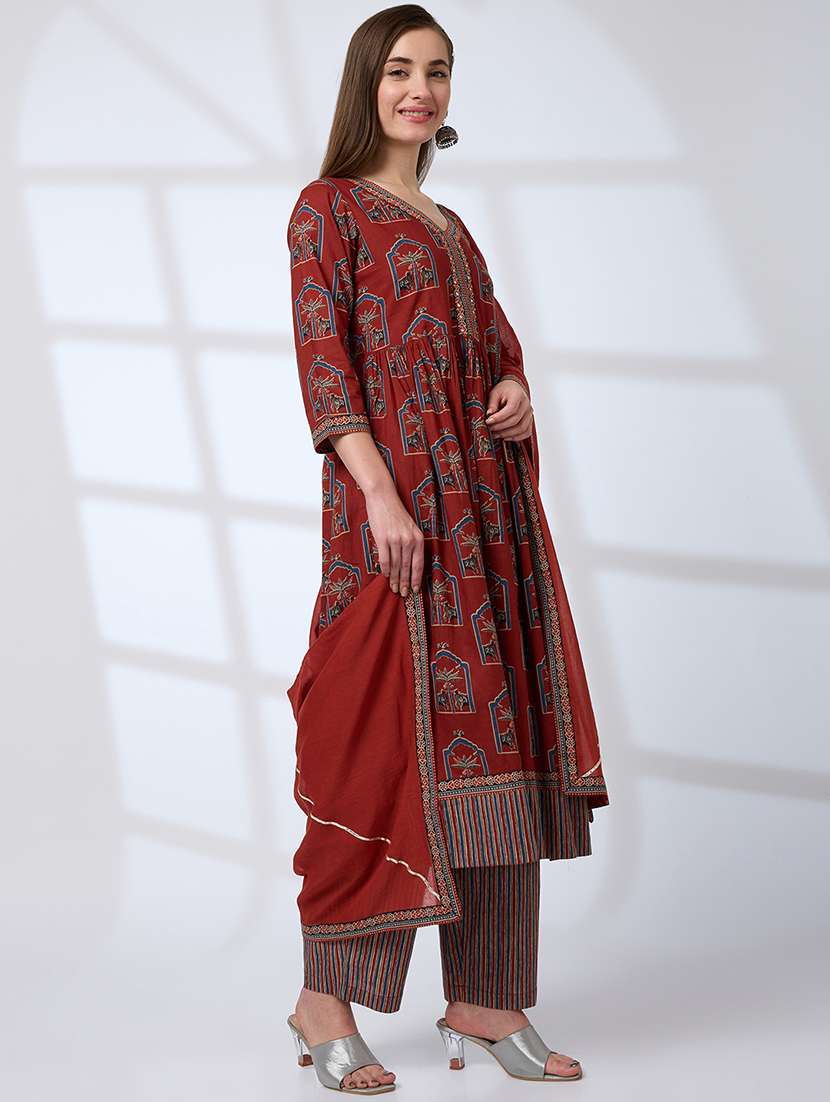 globus women maroon v-neck ethnic print mirror work pleated a-line kurta with striped pants & gotta lace dupatta workwear set - 21738570 - Standard Image - 1