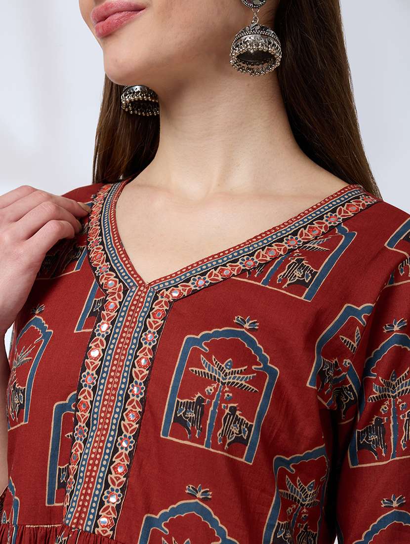 globus women maroon v-neck ethnic print mirror work pleated a-line kurta with striped pants & gotta lace dupatta workwear set - 21738570 - Standard Image - 4