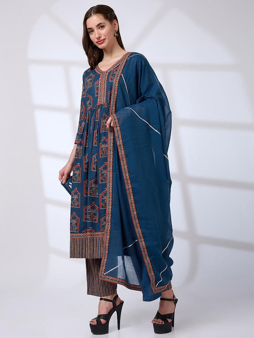 globus women blue v-neck ethnic print mirror work pleated a-line kurta with striped pants & gotta lace dupatta workwear set - 21738571 - Standard Image - 1