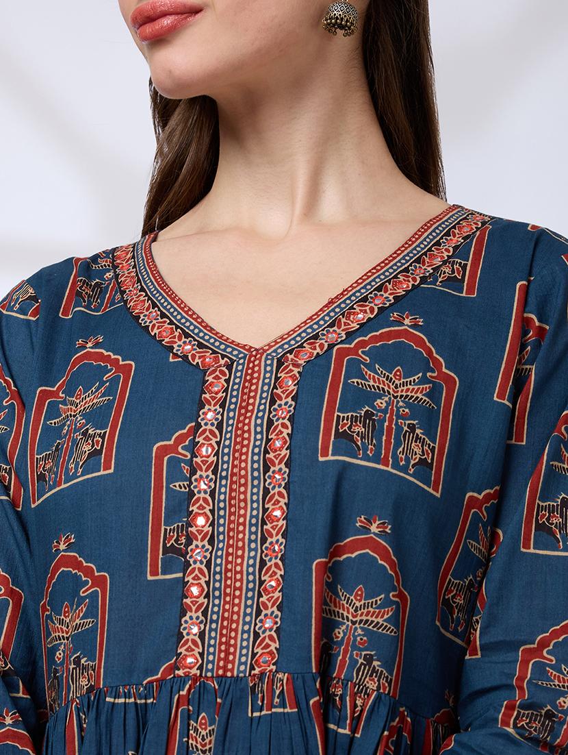 globus women blue v-neck ethnic print mirror work pleated a-line kurta with striped pants & gotta lace dupatta workwear set - 21738571 - Standard Image - 4