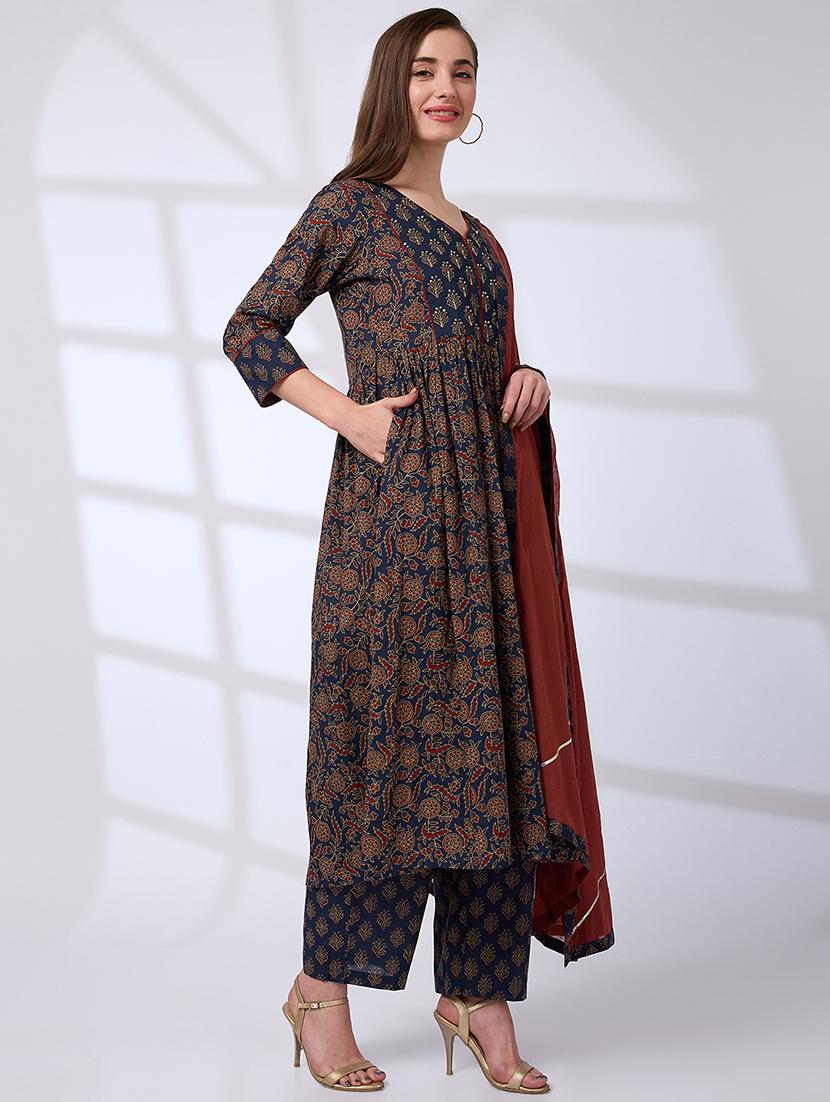 globus women teal v-neck floral print sequinned pleated a-line kurta with pants & gotta lace dupatta workwear set - 21738572 - Standard Image - 1