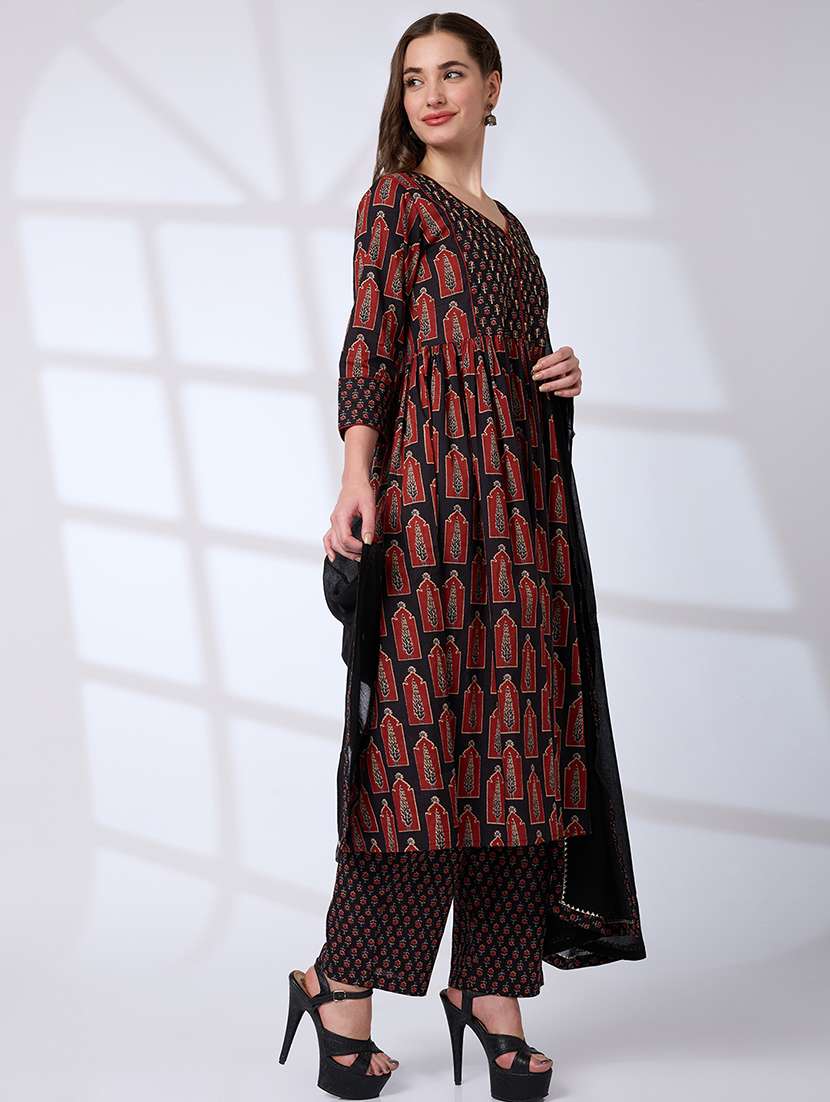 globus women black v-neck ethnic print sequinned pleated a-line kurta with pants & gotta lace dupatta workwear set - 21738573 -  Standard Image - 1