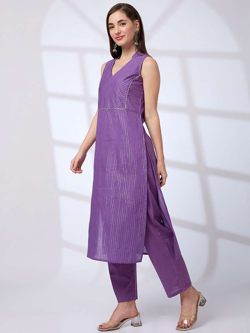 globus women lavender collared v-neck shimmer woven design gotta lace a-line kurta with pants festive set - 21738576 - Standard Image - 1