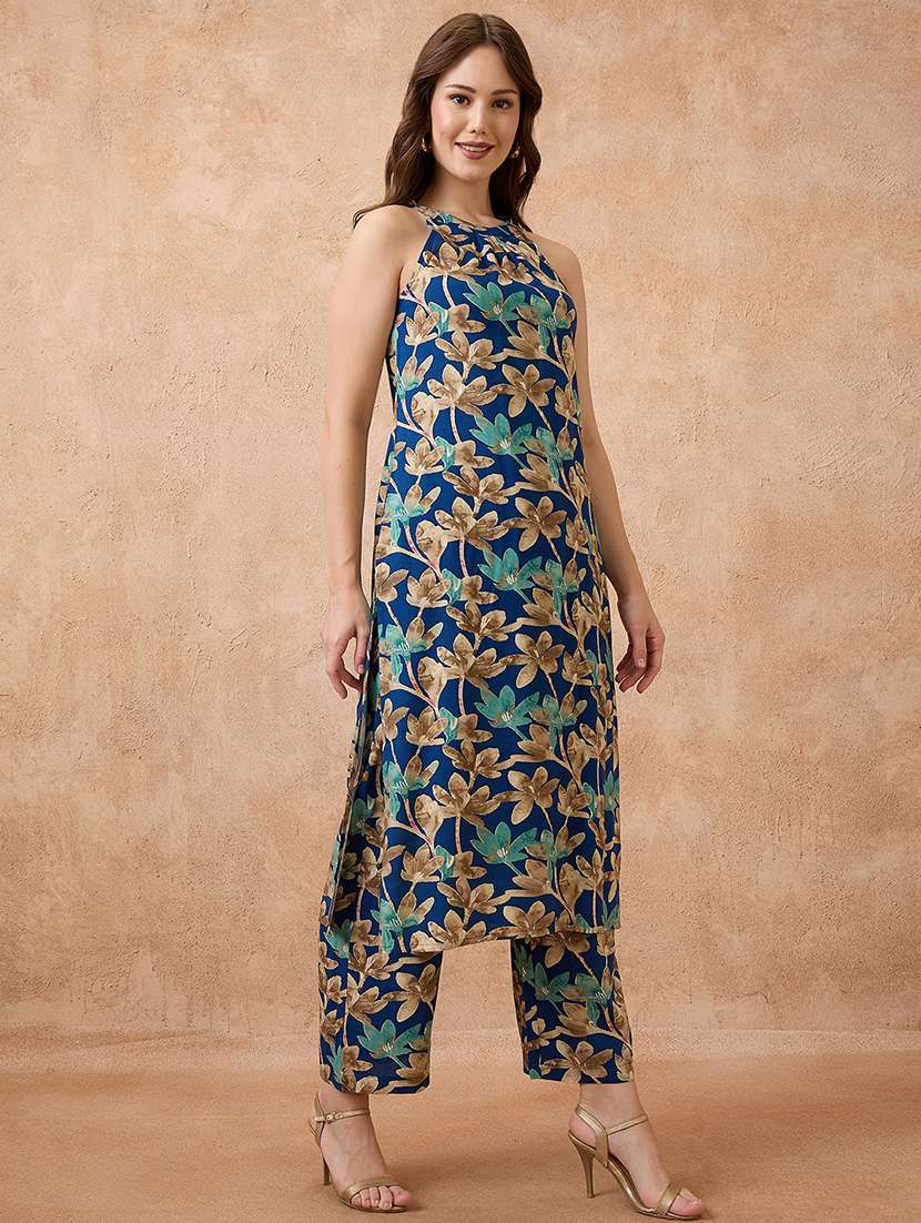 globus women blue allover floral printed halter neck straight kurta with pant fusion set - 21738581 -  Standard Image - 1