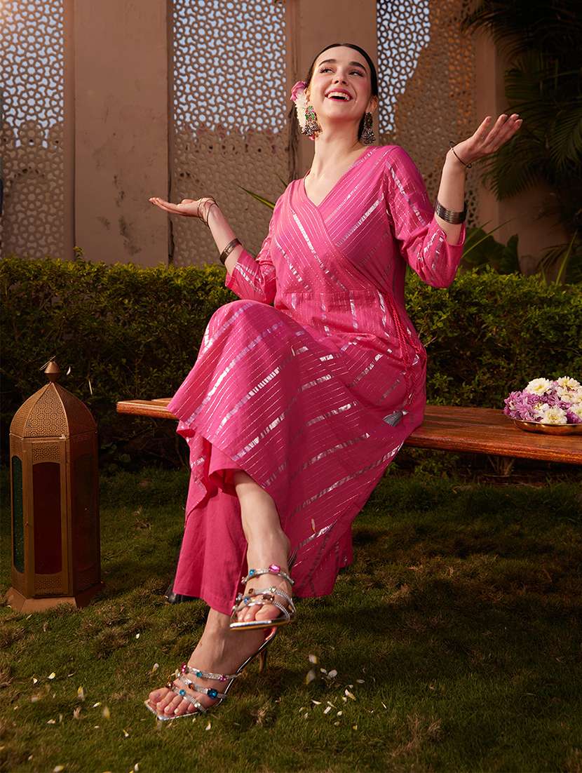 globus women pink woven design lurex detail v-neck angrakha style kurta & pants festive set