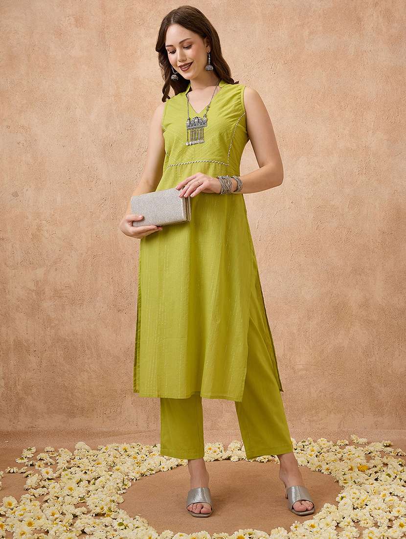 globus women green gotta patti yoke detail v-neck lurex work festive kurta & straight pant set - 21738584 - Standard Image - 1