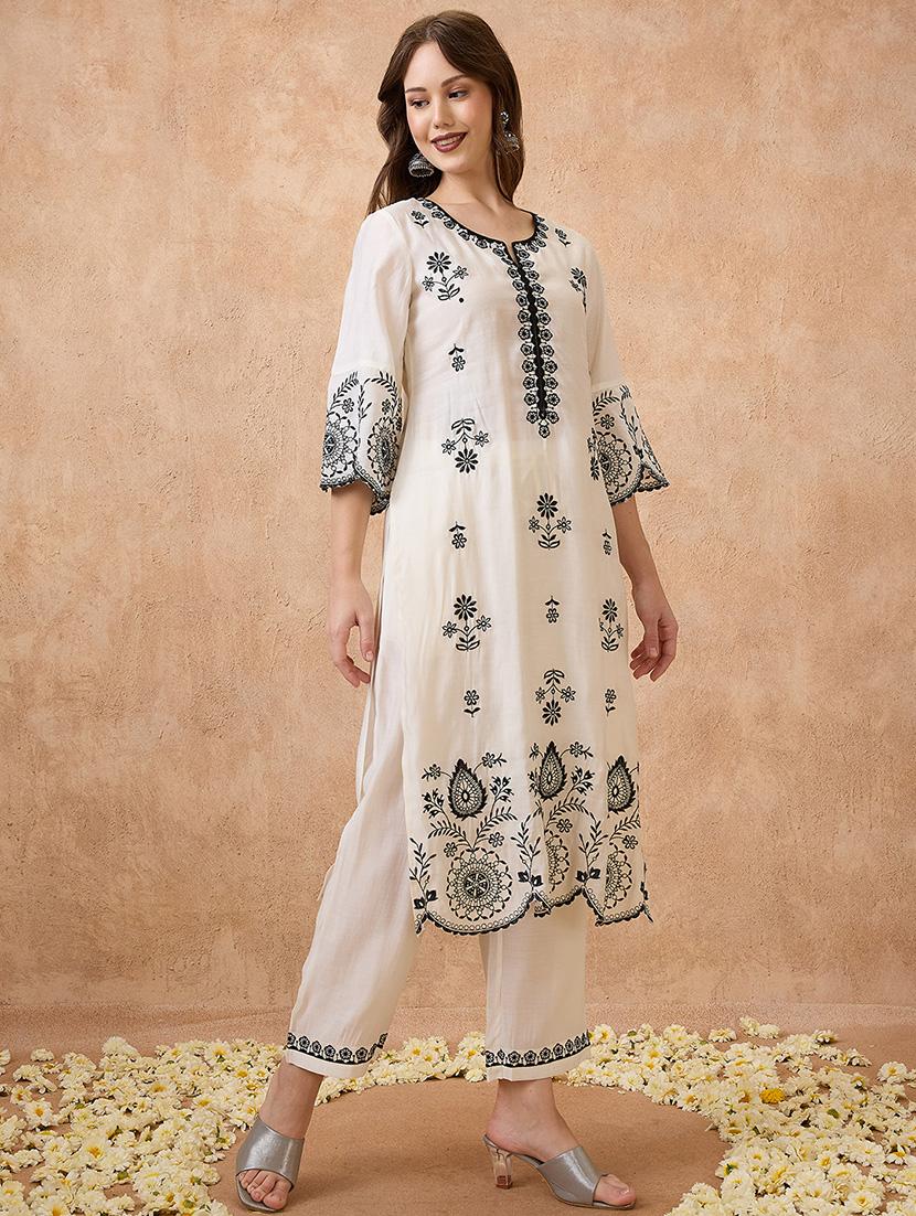 globus women off-white scalloped hem bell sleeves floral embroidered kurta & straight pant festive set - 21738587 - Standard Image - 1